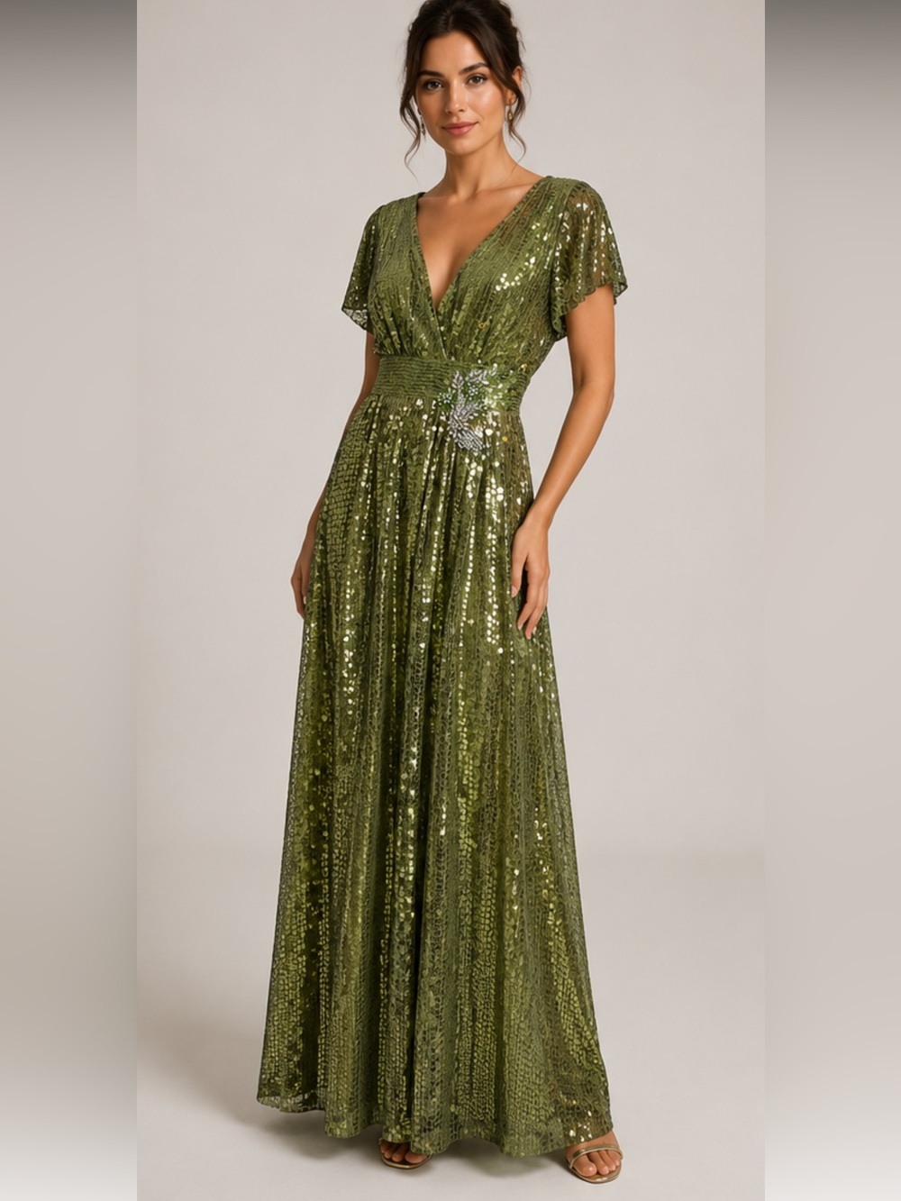 NWT Mac Duggal Green Sequined Butterfly Sleeve Wrap Over A Line Gown 4